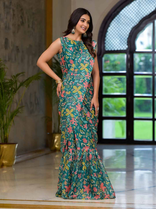 Floral Print Georgette Pre Draped Saree