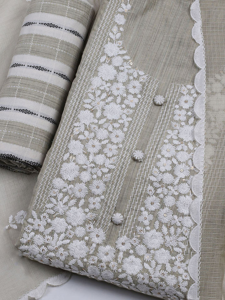 Neck Embroidered Cotton Blend Unstitched Suit With Dupatta