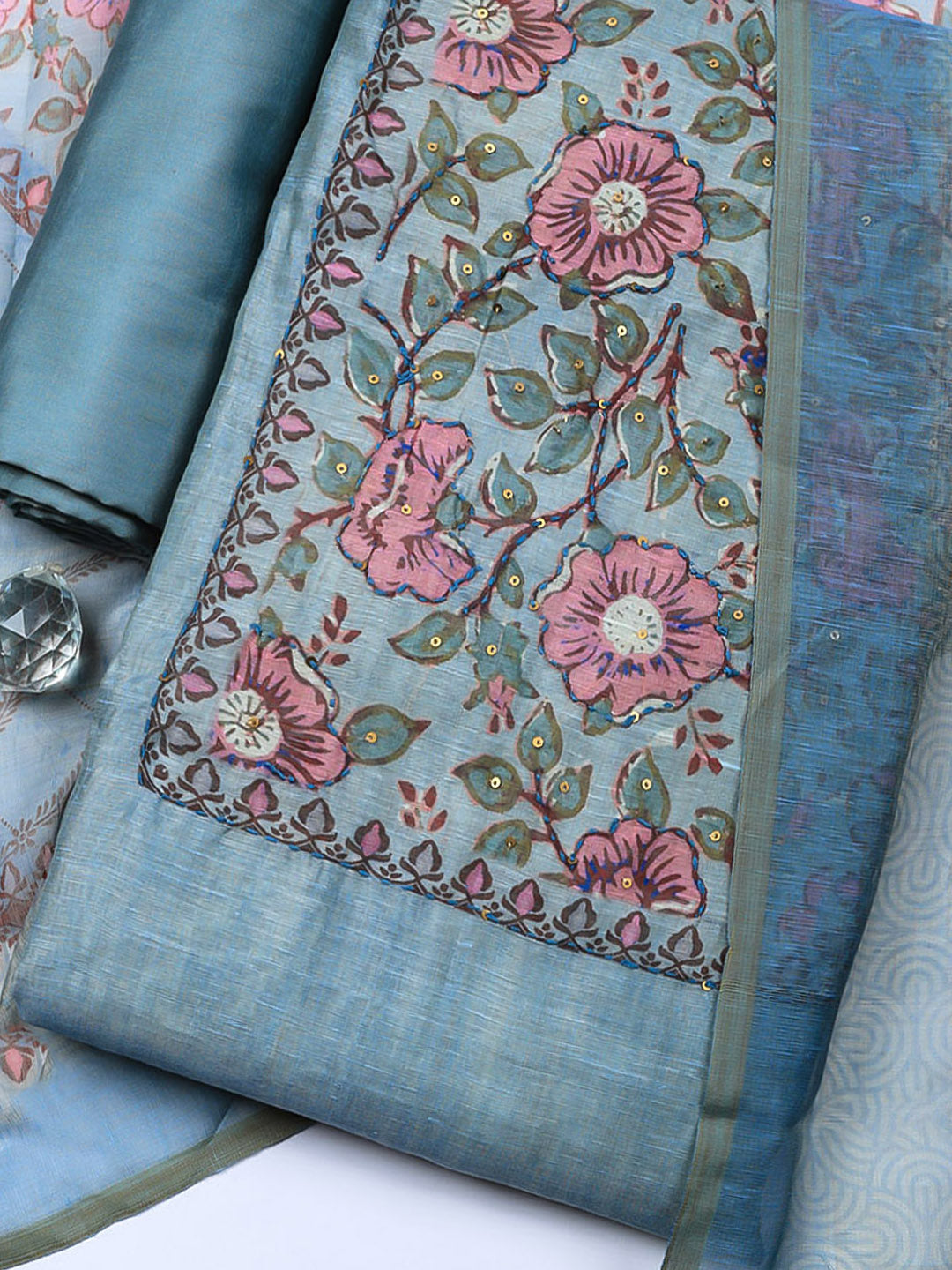 Embroidered Chanderi Unstitched Suit With Pant &amp; Dupatta