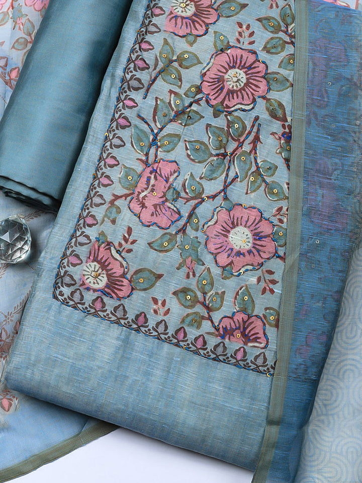 Embroidered Chanderi Unstitched Suit With Pant &amp; Dupatta