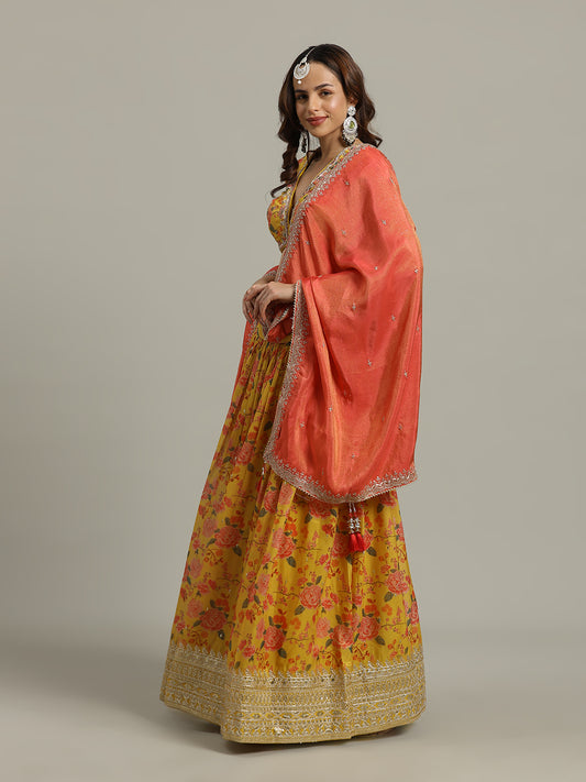 Printed & Embroidered Tissue Choli With Lehenga & Dupatta
