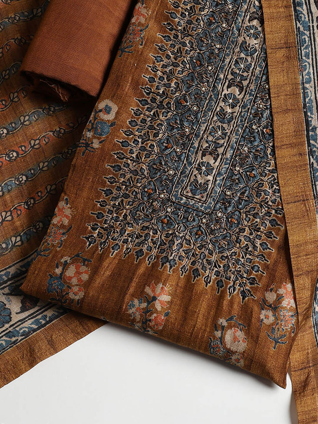 Printed Tussar Unstitched Suit With Dupatta