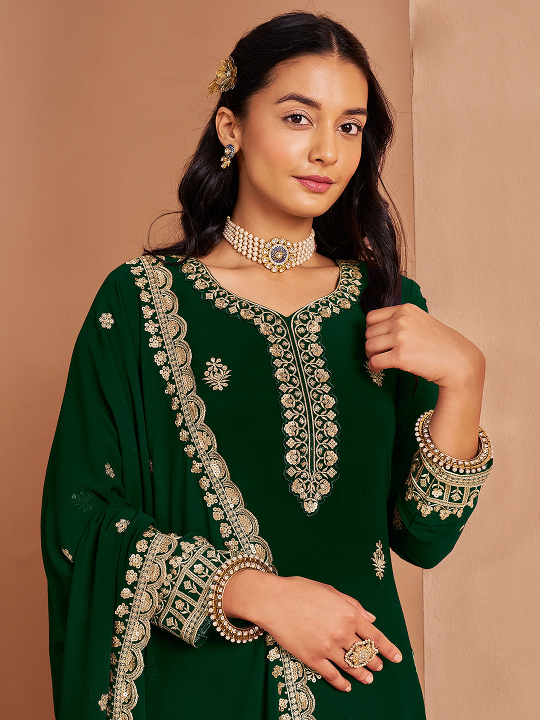 Embroidered Georgette Semi Stitched Kurta With Plazzo &amp; Dupatta