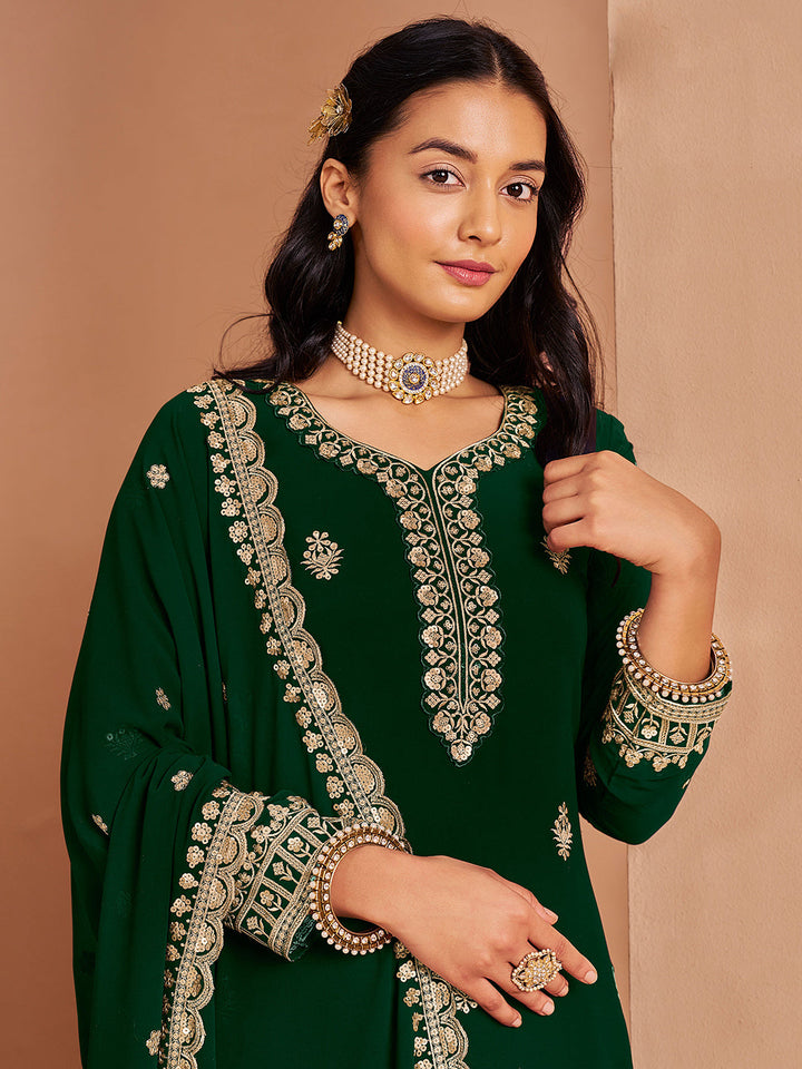 Embroidered Georgette Semi Stitched Kurta With Plazzo &amp; Dupatta