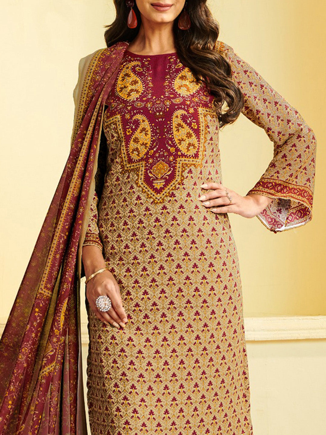 Printed Crepe Unstitched Suit With Pant &amp; Dupatta