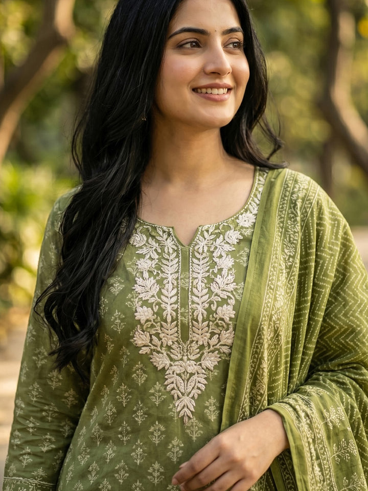 Embroidered Cotton Blend Kurta With Pant &amp; Dupatta