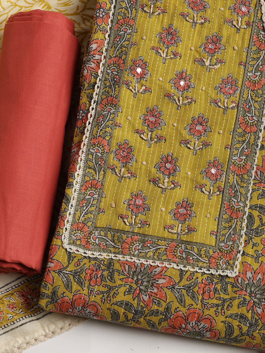 Printed Cotton Blend Unstitched Suit With Dupatta