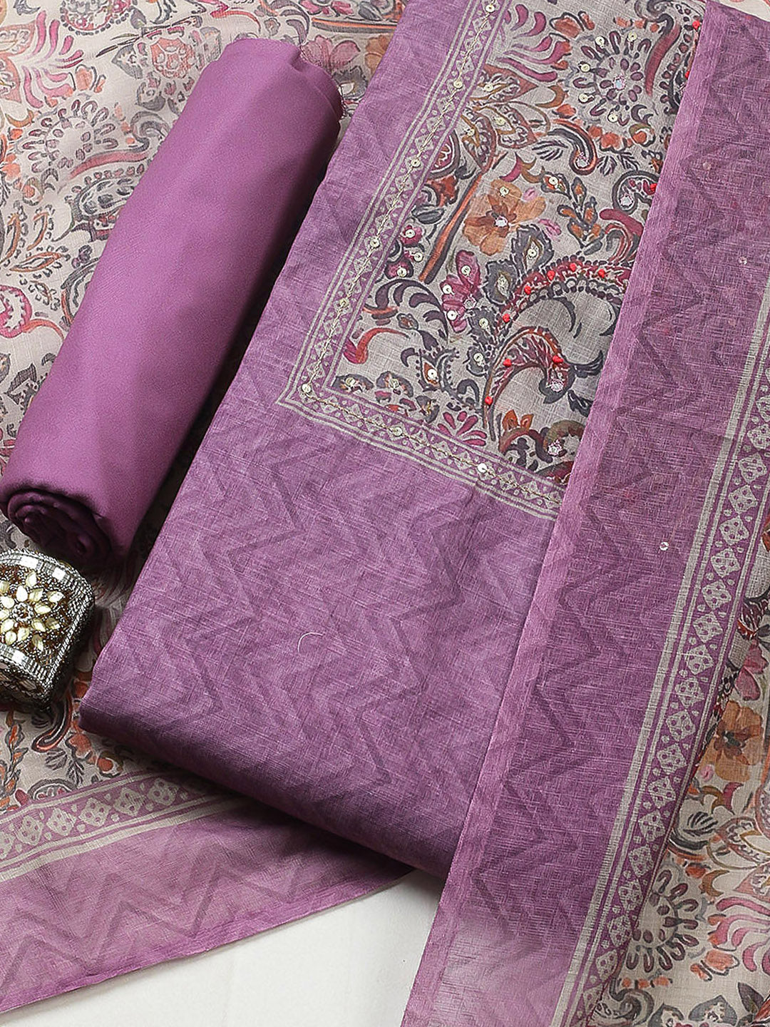 Embroidered Chanderi Unstitched Suit With Pant &amp; Dupatta