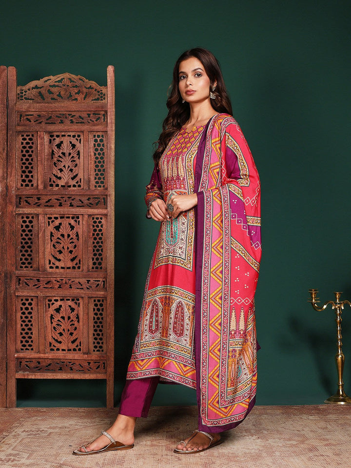 Floral Printed Art Silk Kurta With Pant &amp; Dupatta