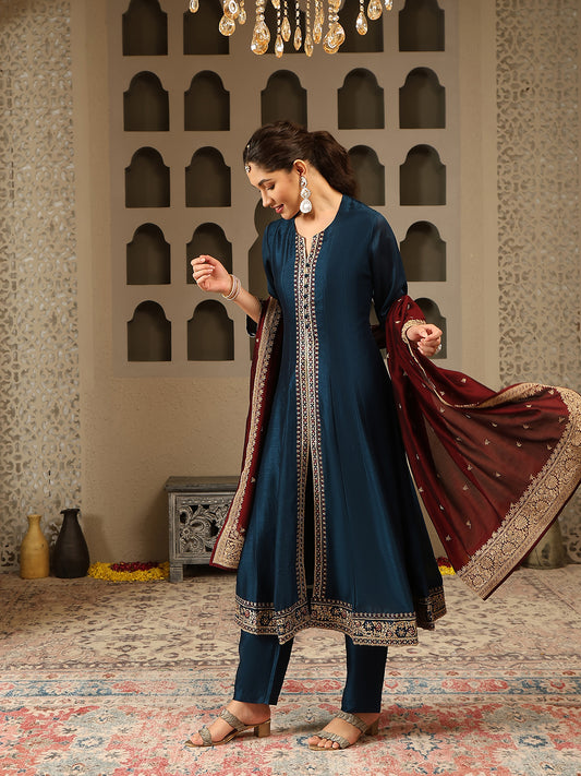 Zari Embroidery Handloom Kurta With Pants & Dupatta