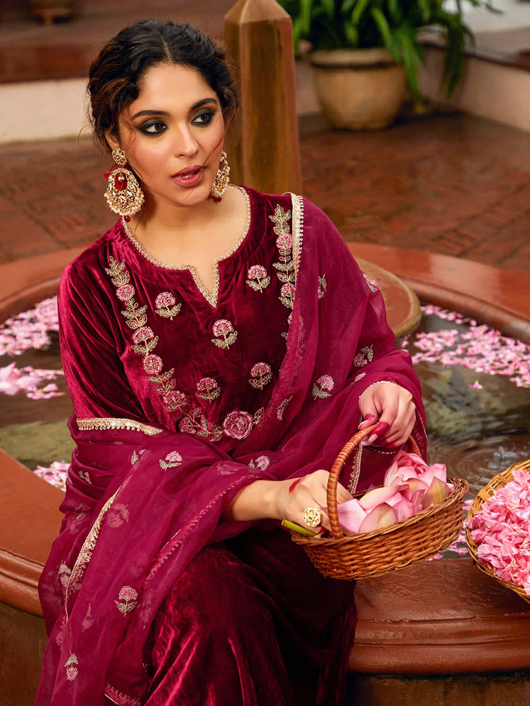 Embroidered Velvet Kurta With Pants &amp; Dupatta