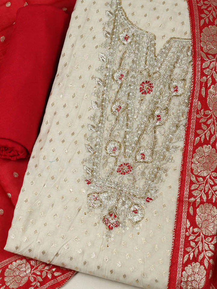 Embroidered Chanderi Unstitched Suit With Pant &amp; Dupatta