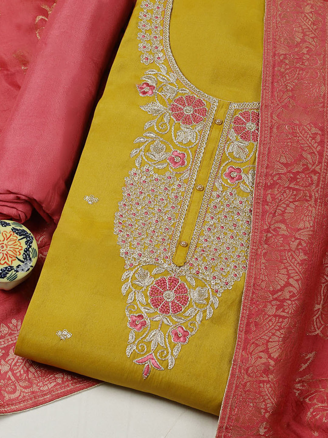 Embroidered Chanderi Unstitched Suit With Pant &amp; Dupatta