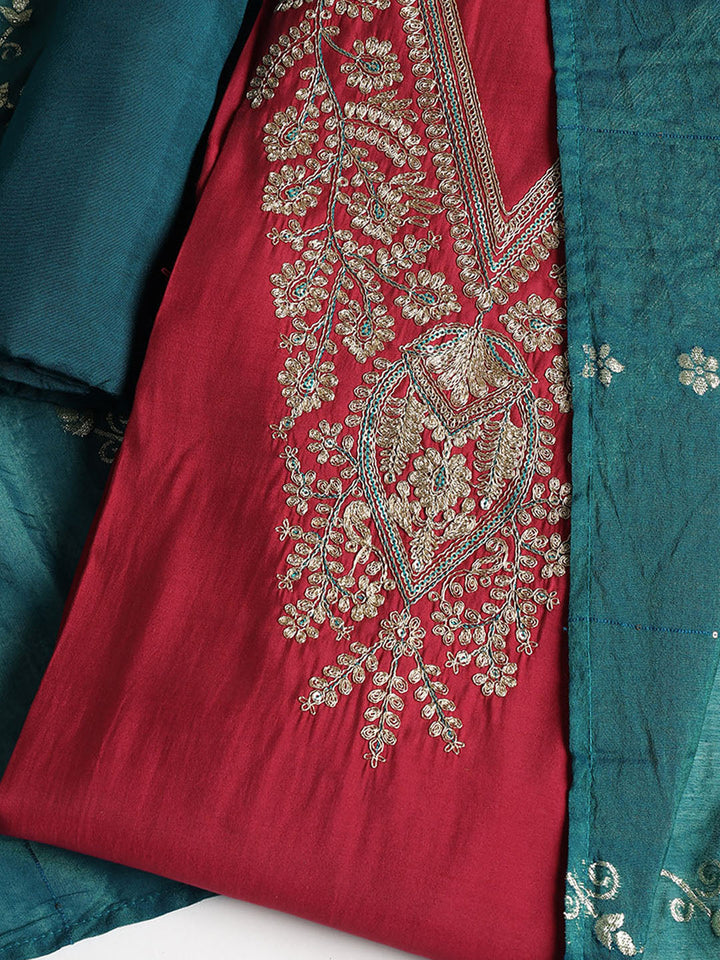 Neck Embroidered Cotton Blend Unstitched Suit With Dupatta