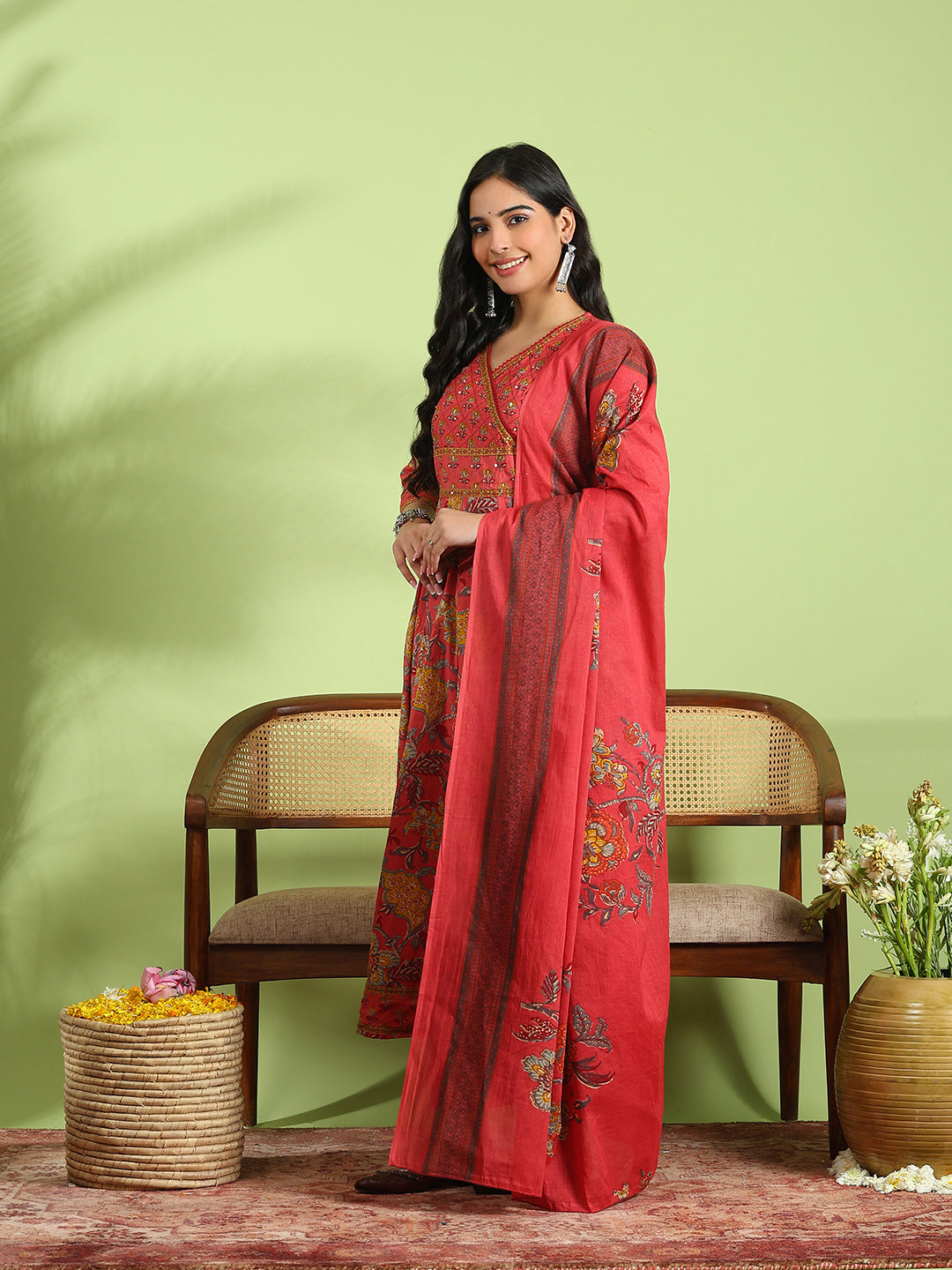Printed Cotton Kurta With Pant &amp; Dupatta