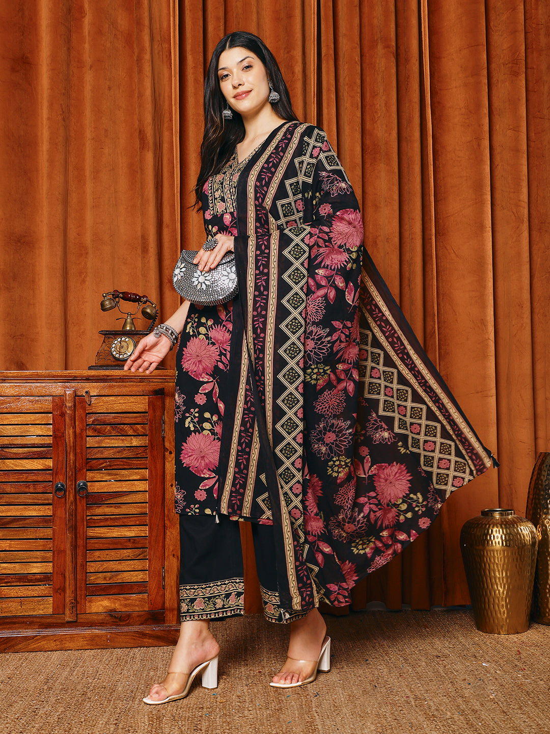 Printed Cotton Blend Kurta With Pants & Dupatta