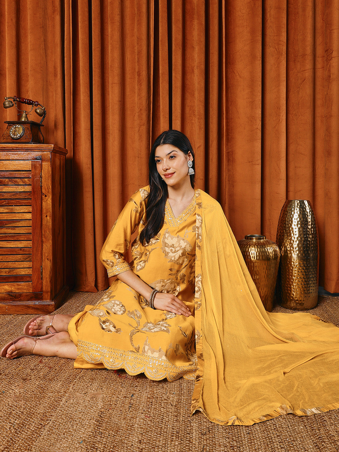 Resham Work Cotton Blend Kurta With Pants &amp; Dupatta