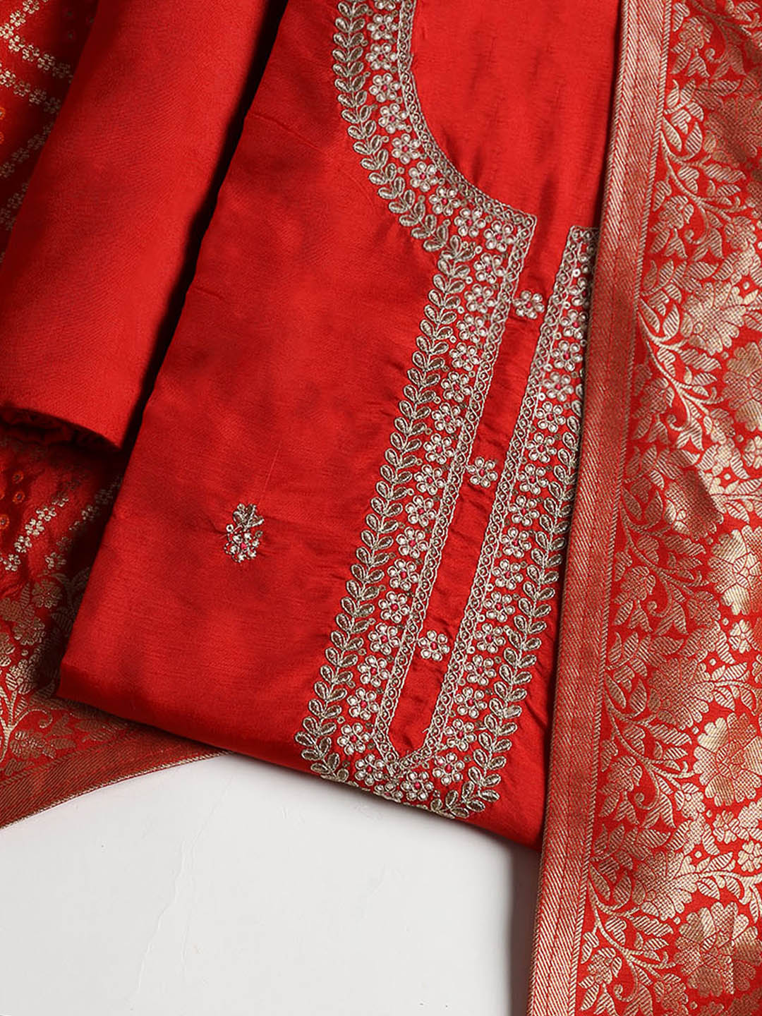 Neck Embroidered Chanderi Unstitched Suit With Dupatta