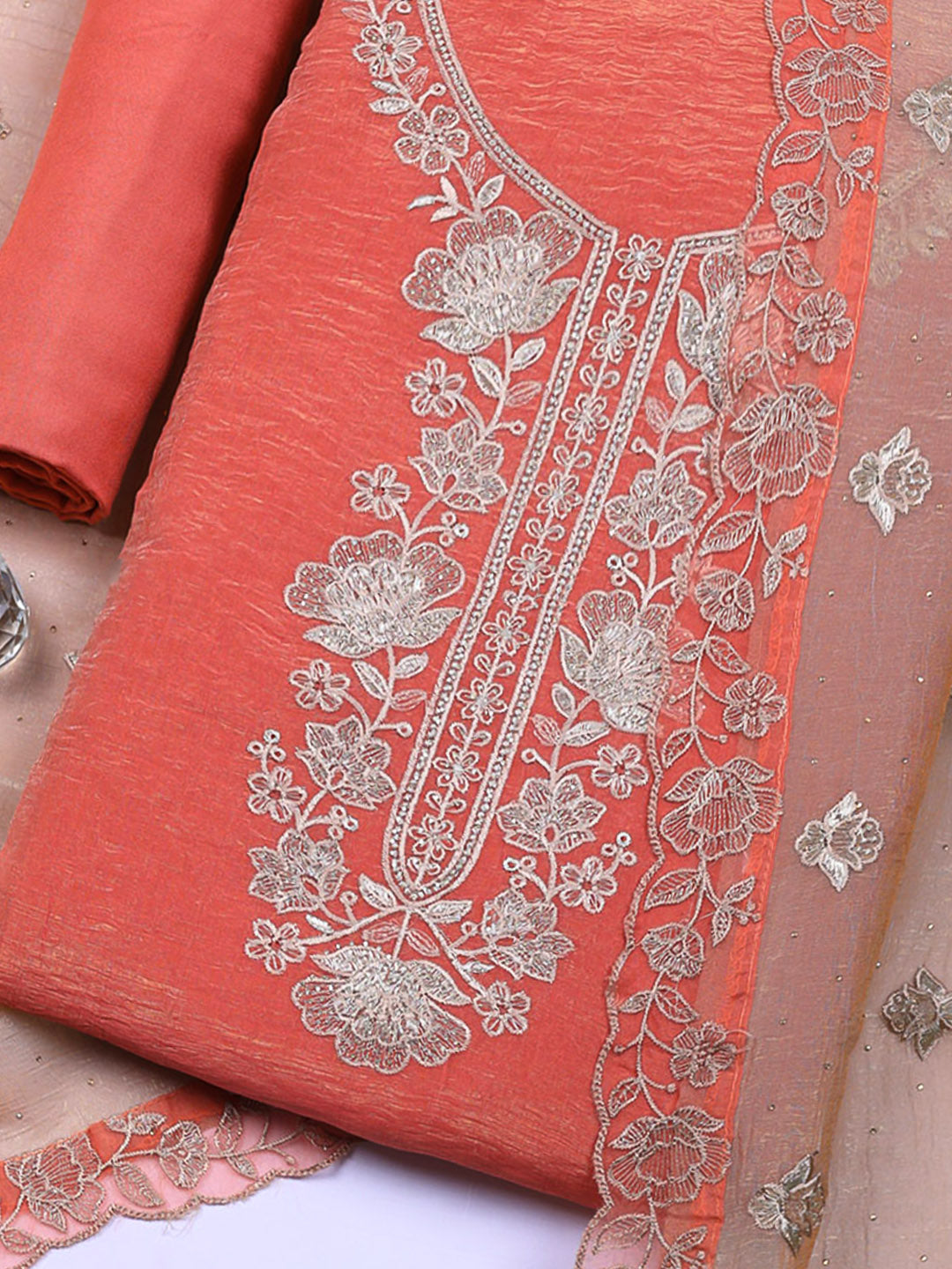Embroidered Tissue Unstitched Suit With Pant &amp; Dupatta