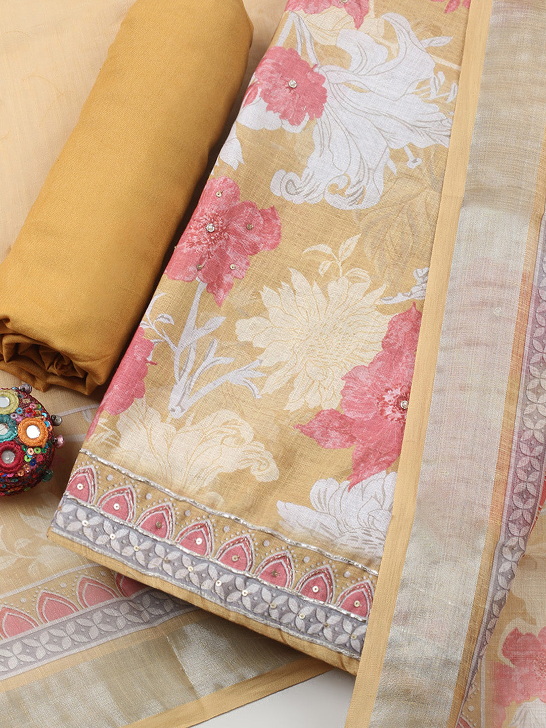 Embroidered Linen Blend Unstitched Suit With Pant &amp; Dupatta