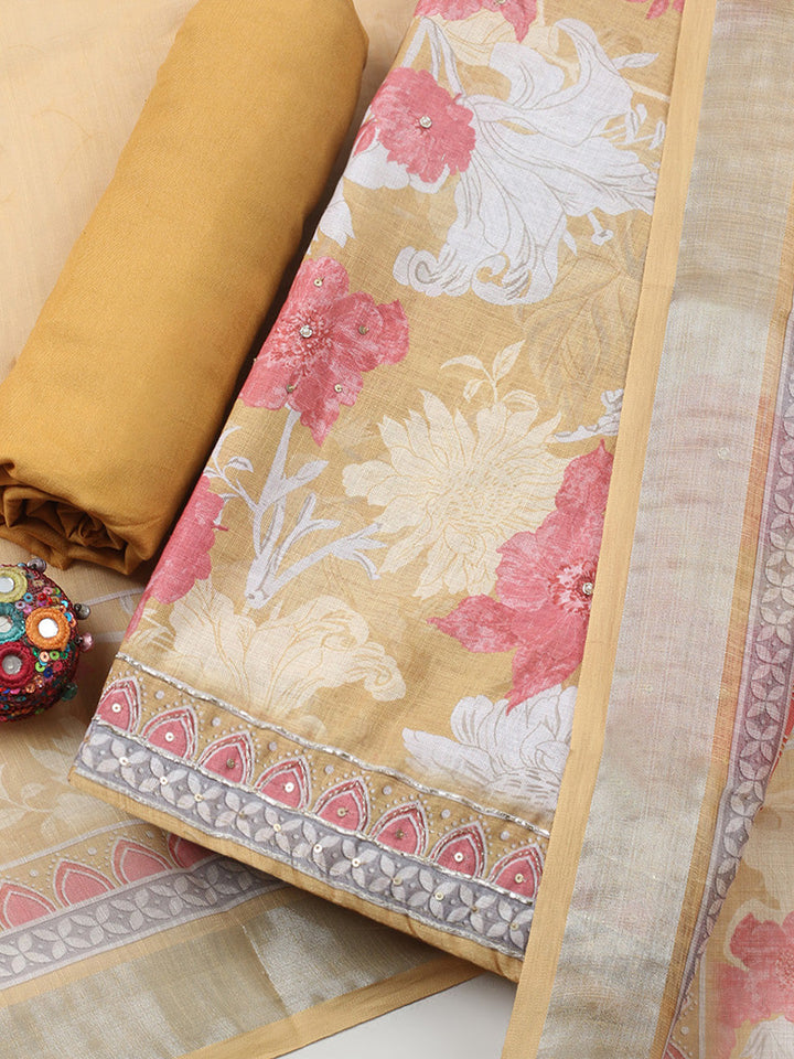 Embroidered Linen Blend Unstitched Suit With Pant &amp; Dupatta