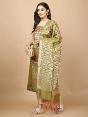 Woven Banarasi Chanderi Unstitched Suit With Dupatta