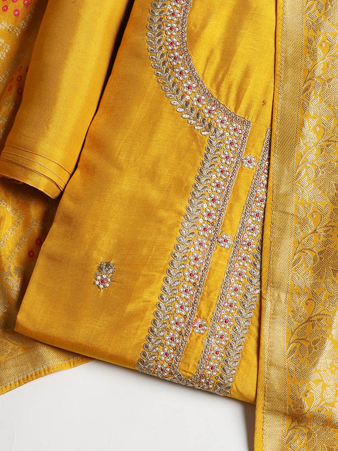 Neck Embroidered Chanderi Unstitched Suit With Dupatta
