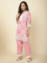 Printed & Panel Embroidery Cotton Kurta With Pants