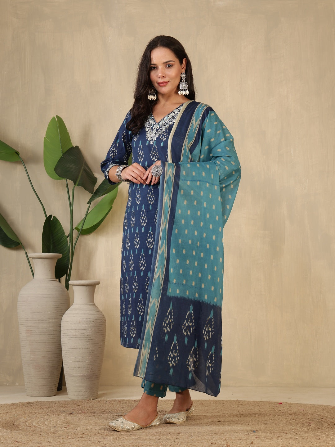 Printed Cotton Blend Suit With Pant &amp; Dupatta