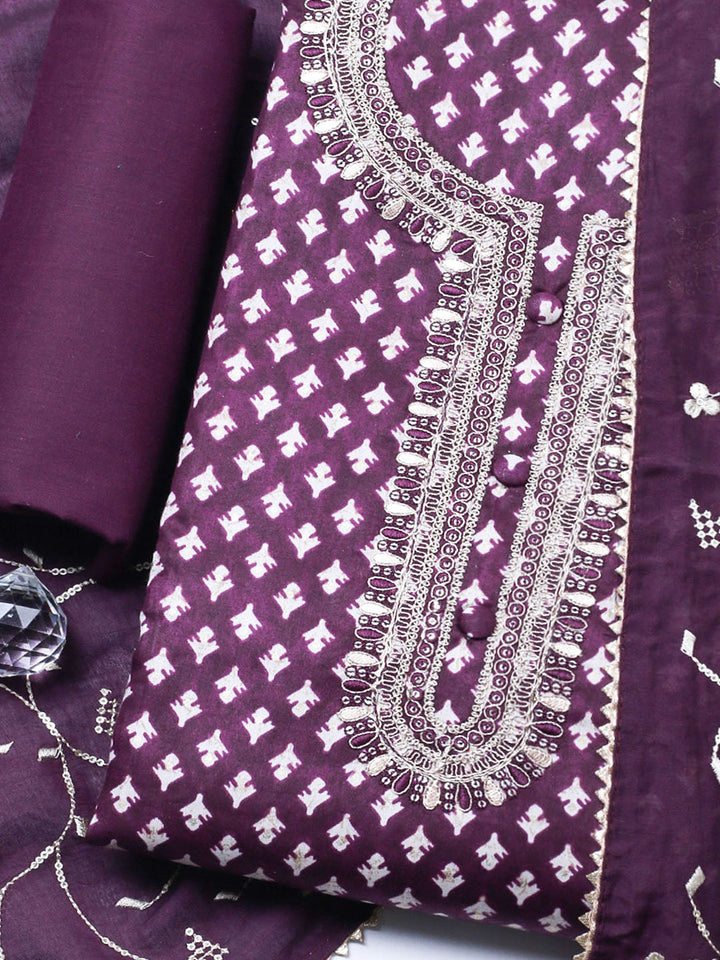 Embroidered Cotton Unstitched Suit With Pant &amp; Dupatta