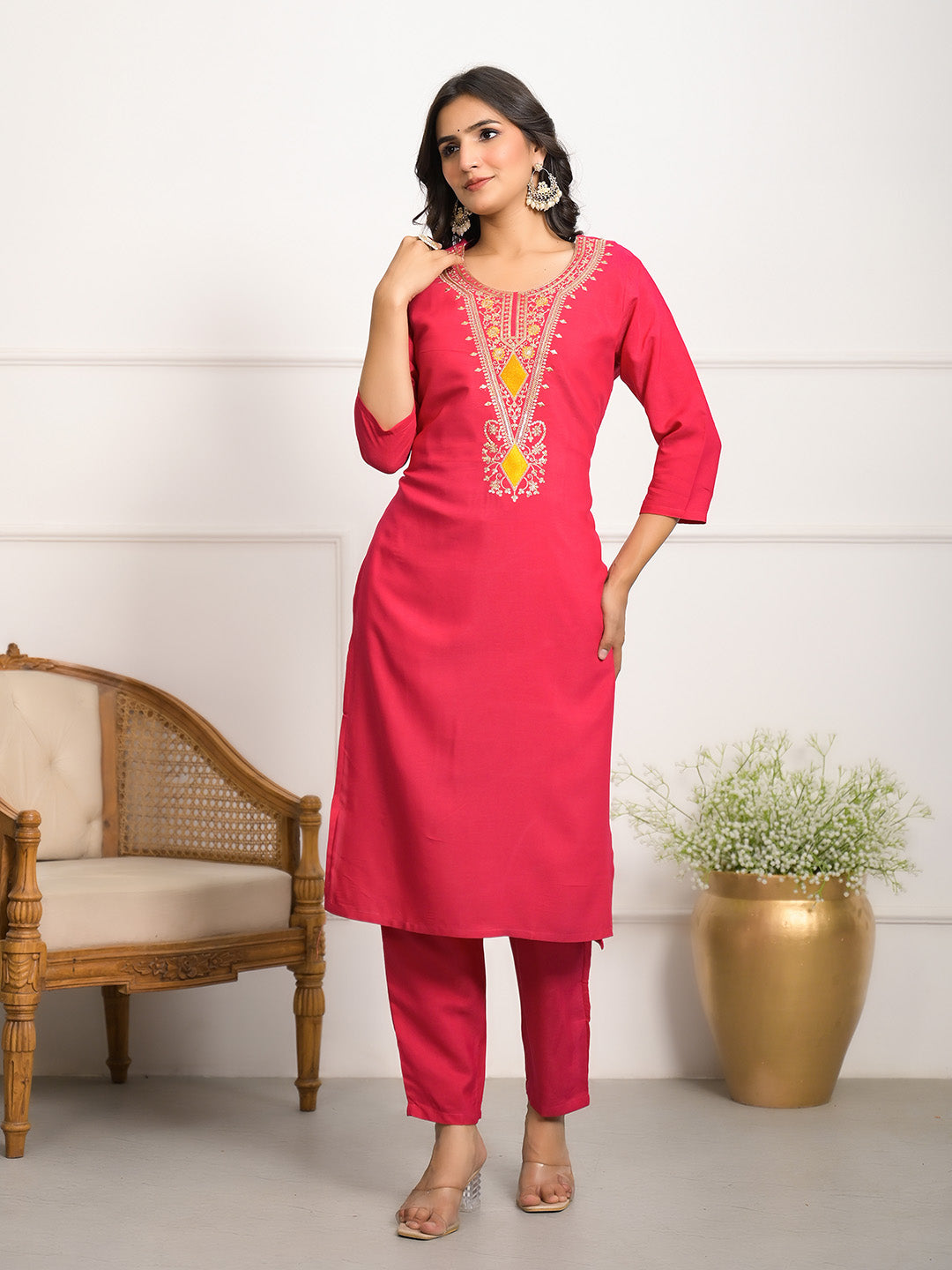 Neck Embroidered Muslin Kurta With Pants &amp; Dupatta