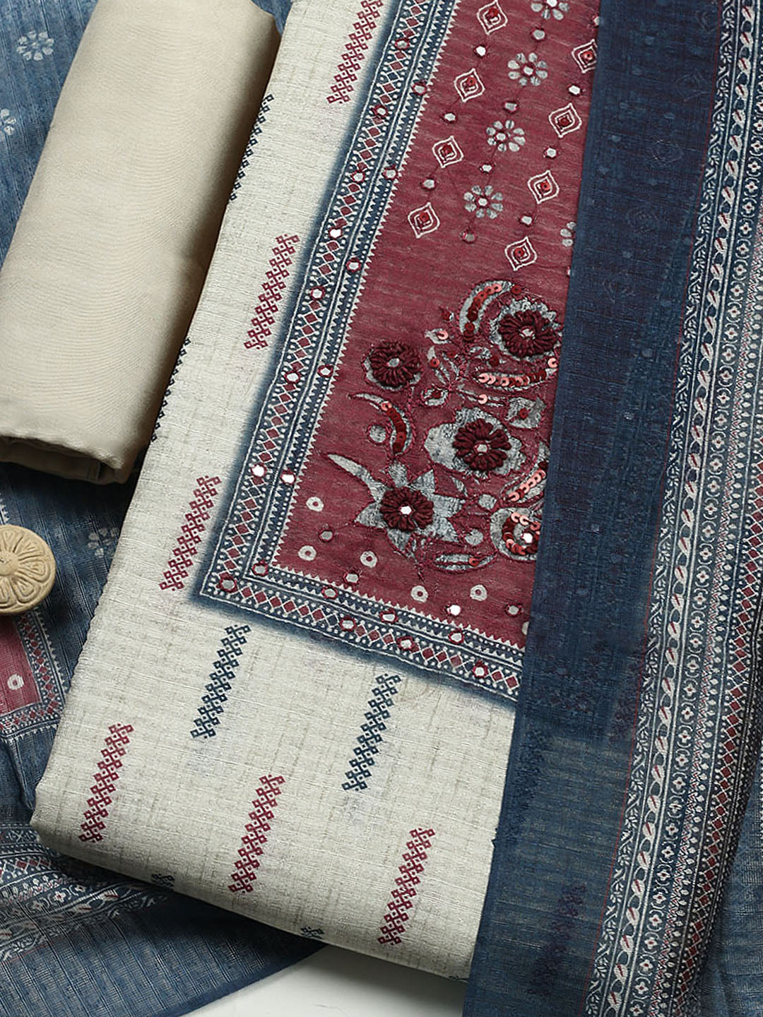 Printed Cotton Blend Unstitched Suit With Pant &amp; Dupatta