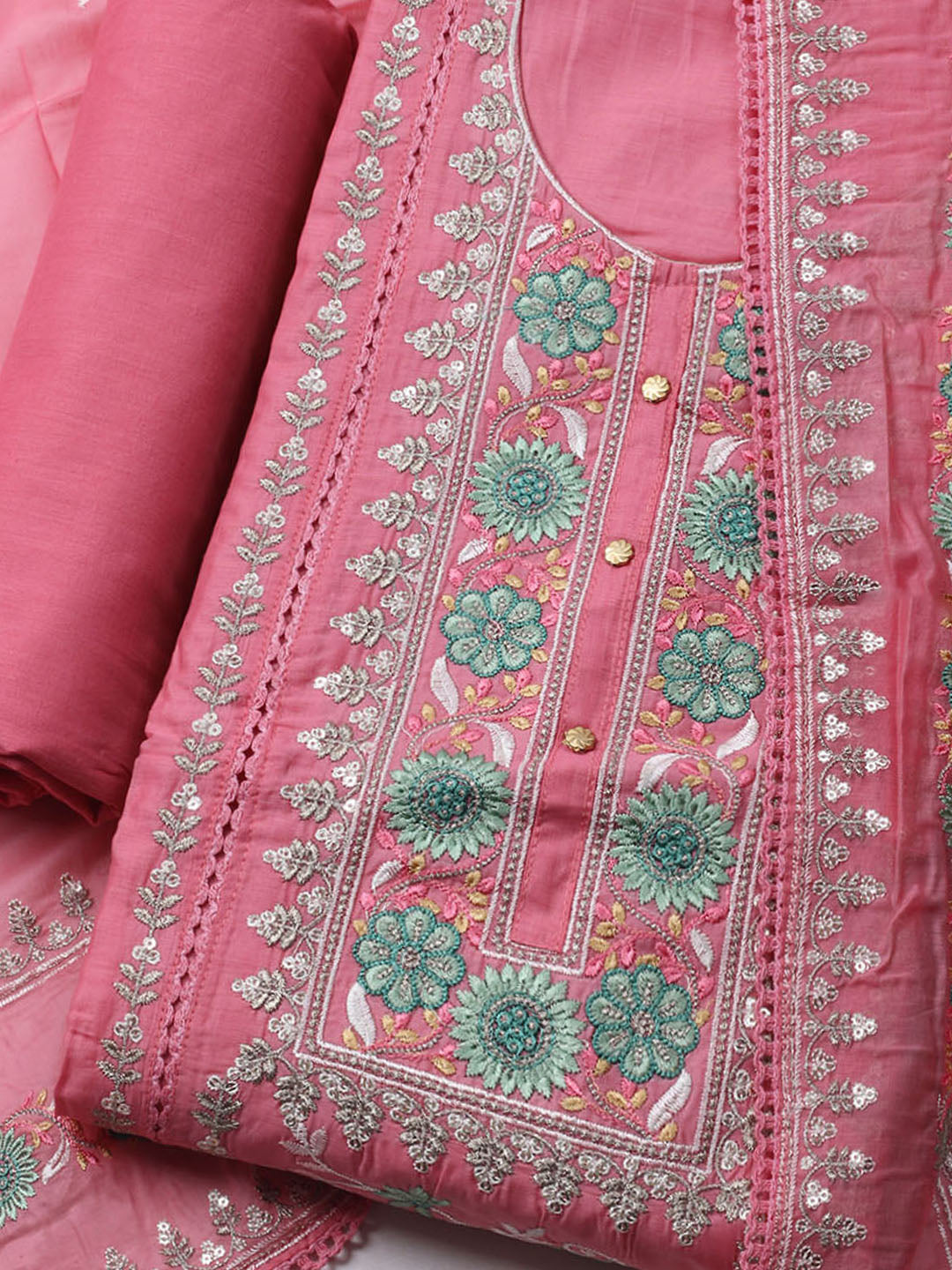 Embroidered Chanderi Unstitched Kurta With Pant &amp; Dupatta