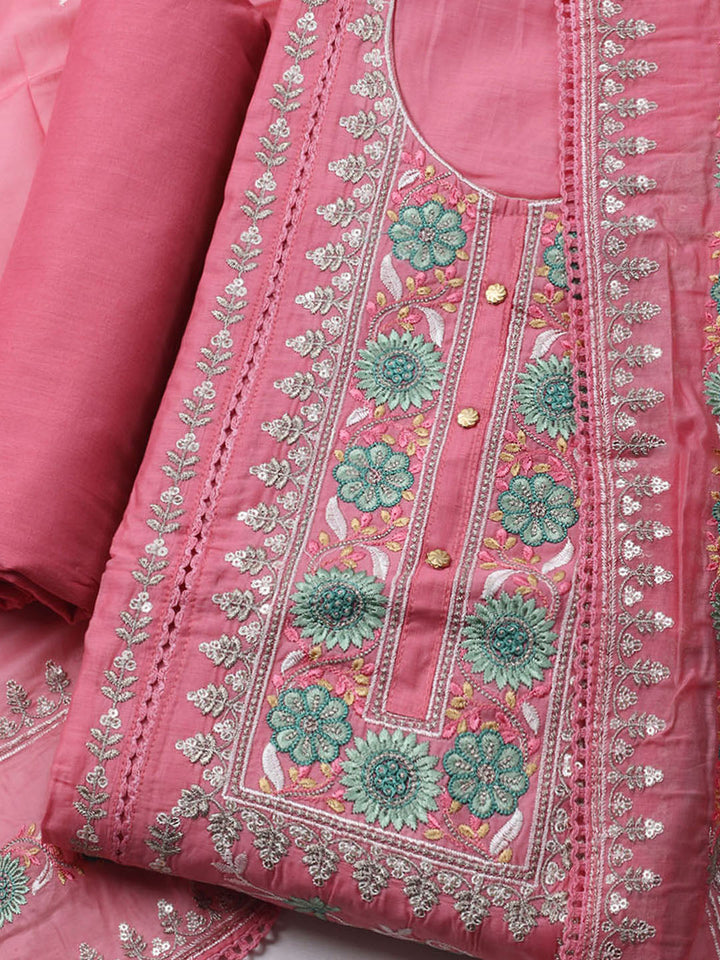 Embroidered Chanderi Unstitched Kurta With Pant &amp; Dupatta