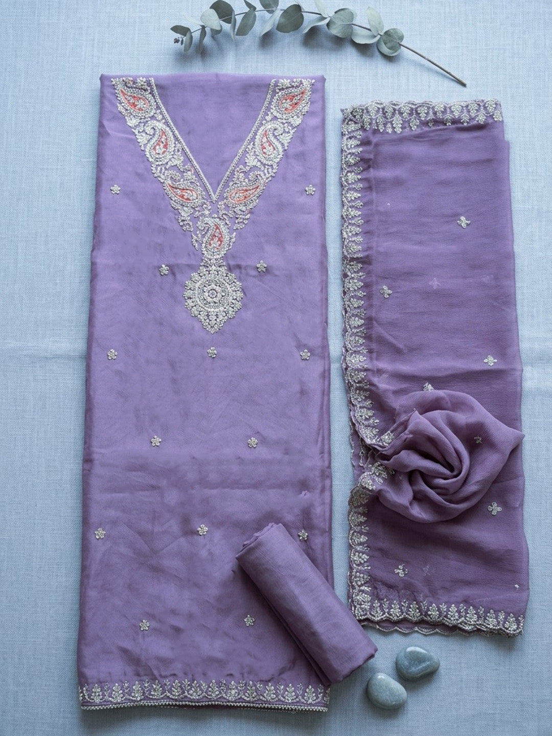 Embroidered Cotton Blend Unstitched Suit With Pant &amp; Dupatta