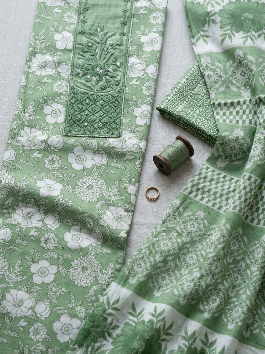 Printed Cotton Blend Unstitched Suit With Pant &amp; Dupatta