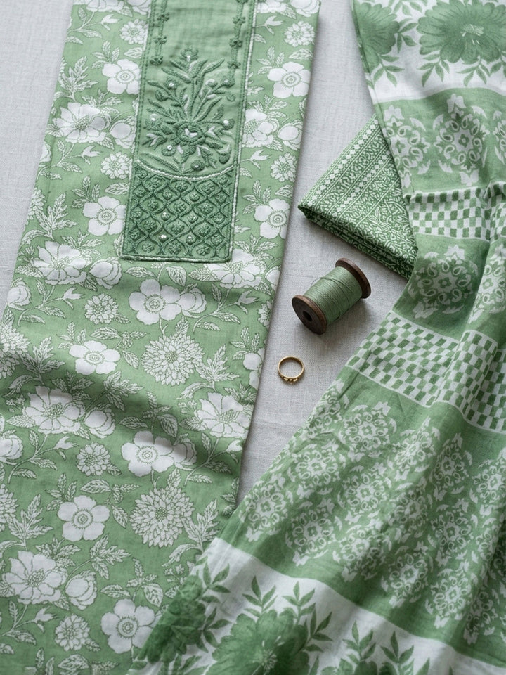 Printed Cotton Blend Unstitched Suit With Pant &amp; Dupatta