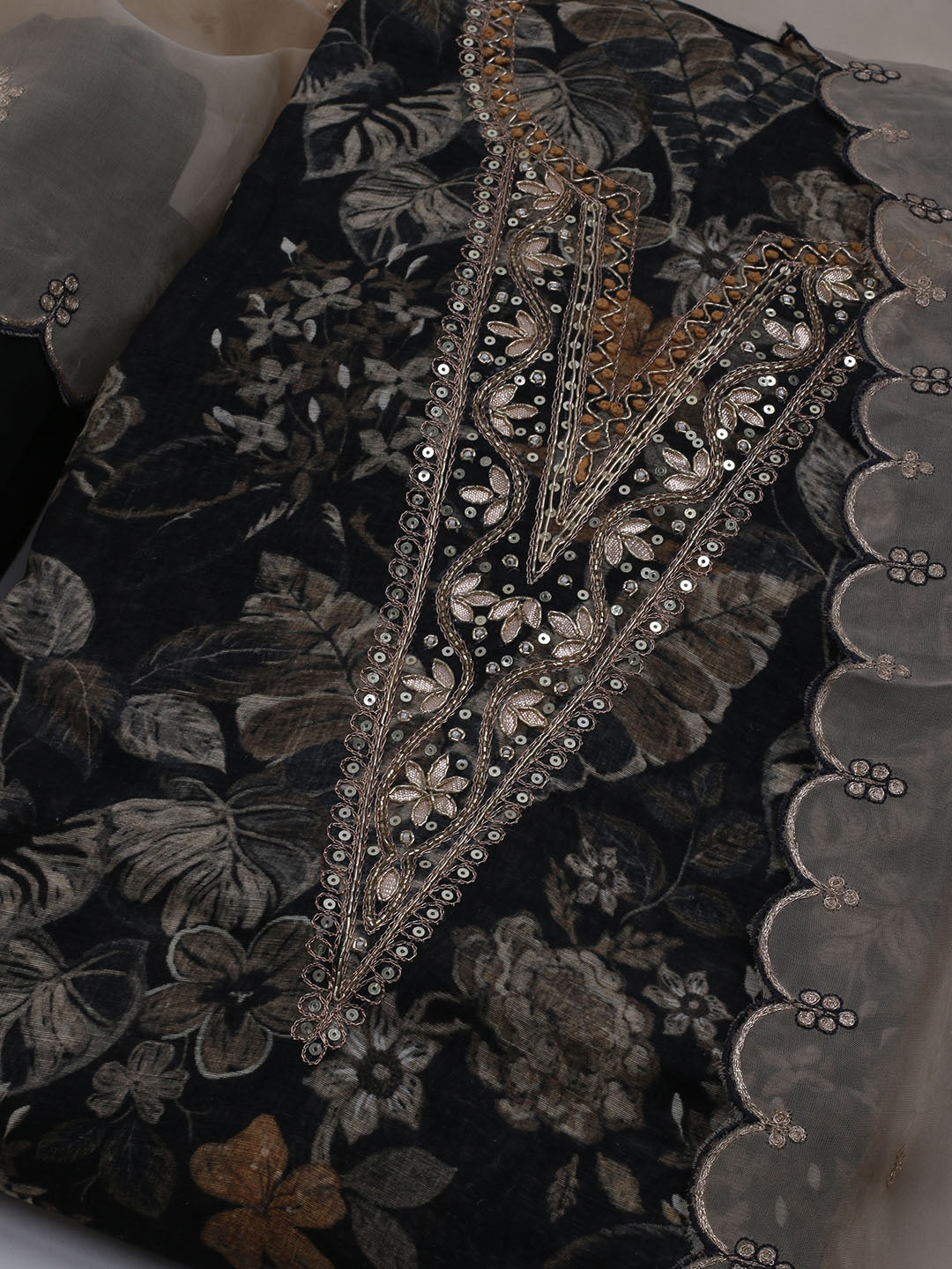 Neck Embroidered Chanderi Unstitched Suit With Dupatta