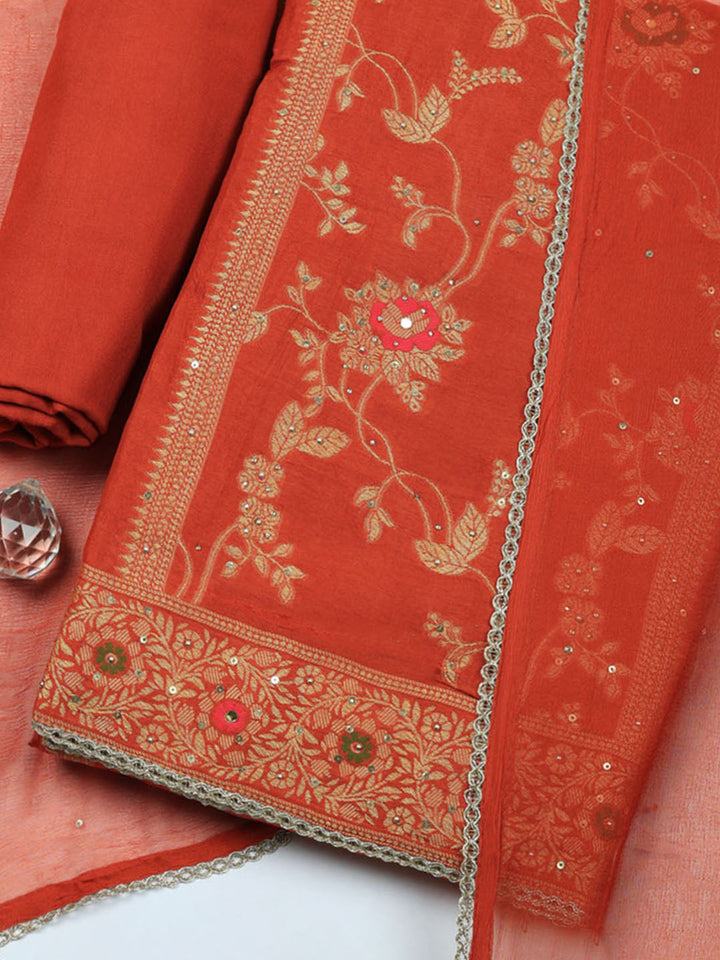 Woven Design Chanderi Unstitched Suit With Pant &amp; Dupatta