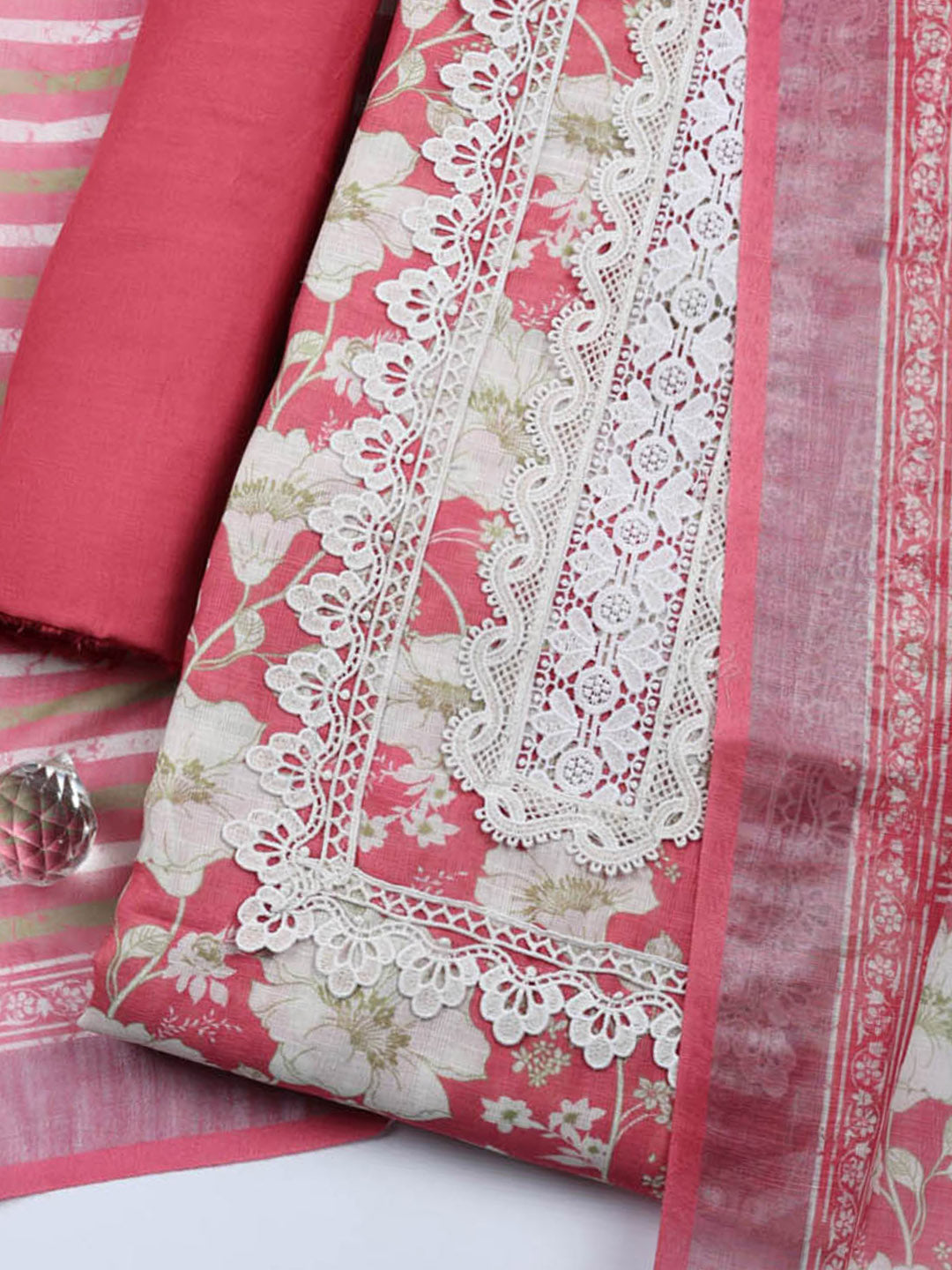 Embroidered Linen Blend Unstitched Suit With Pant &amp; Dupatta