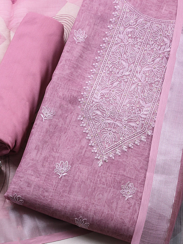 Embroidered Linen Blend UnstitchedSuit With Pant &amp; Dupatta