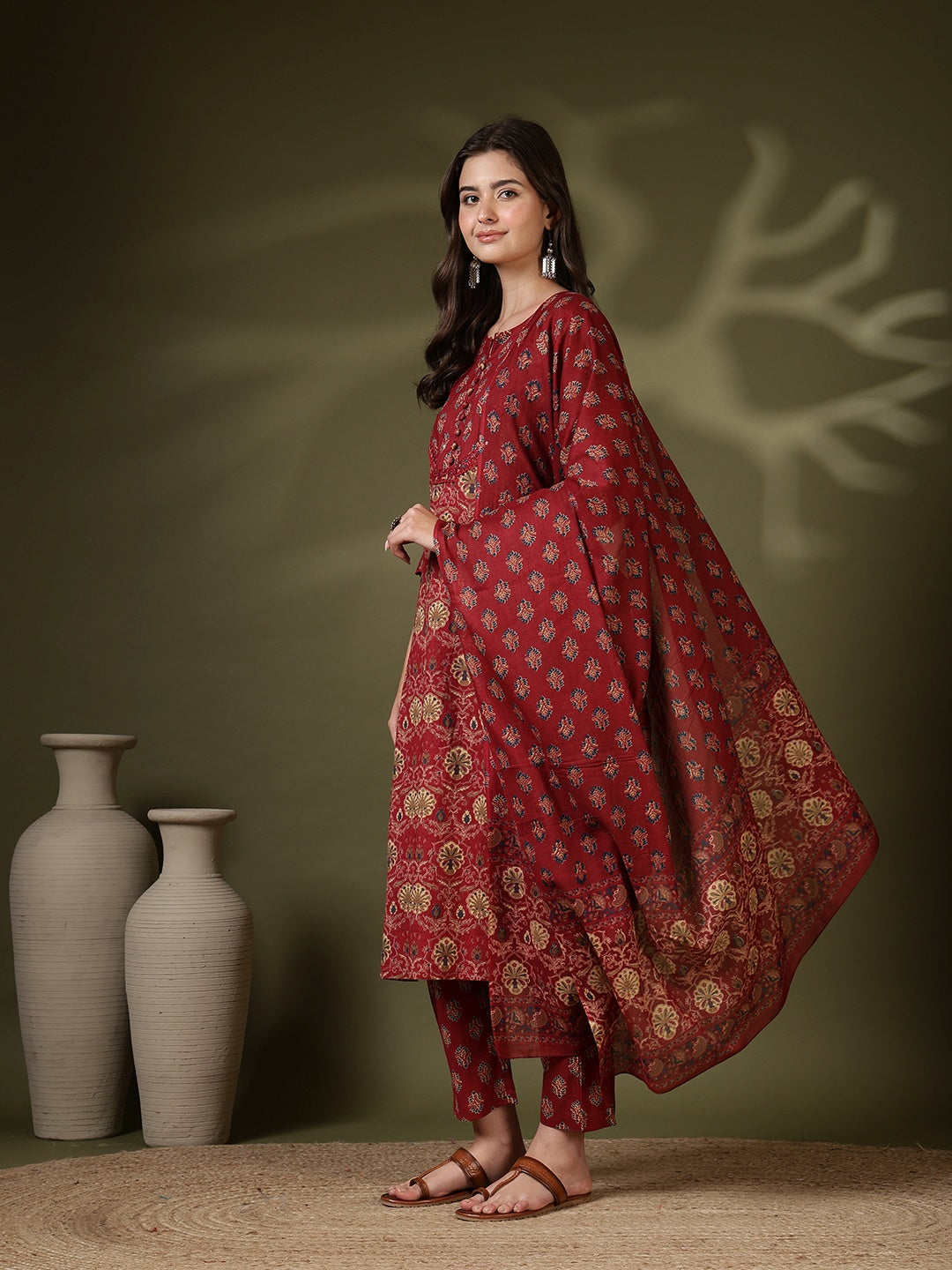 Printed Cotton Blend Kurta With Pant &amp; Dupatta