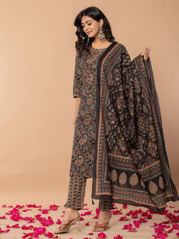 Paisley Printed Cotton Blend Kurta With Pants & Dupatta