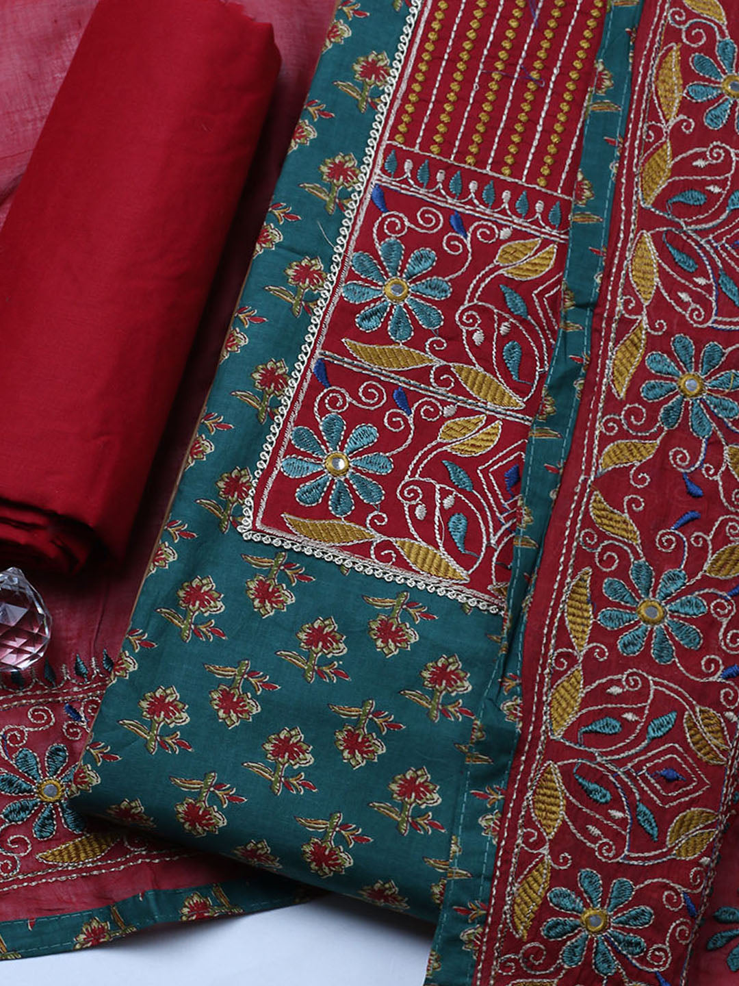 Embroidered Cotton Blend Unstitched Suit With Pant &amp; Dupatta
