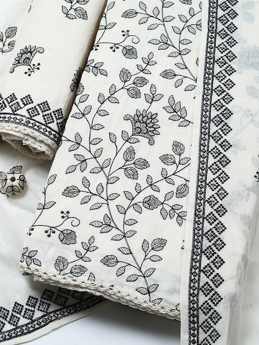 Embroidered Cotton Blend Unstitched Suit With Pant &amp; Dupatta