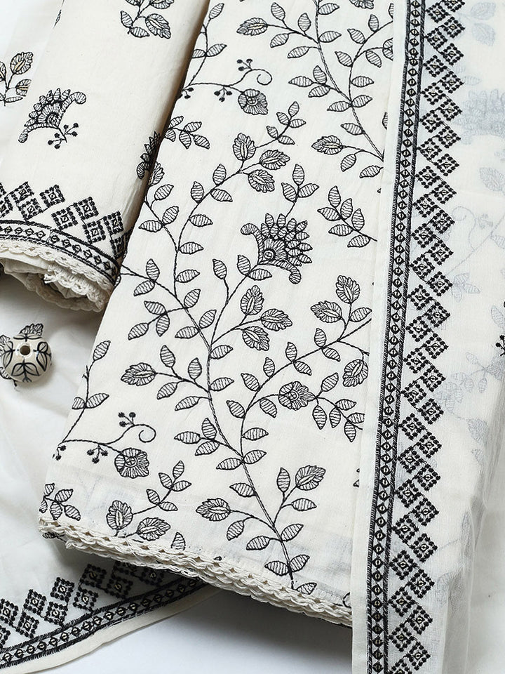 Embroidered Cotton Blend Unstitched Suit With Pant &amp; Dupatta