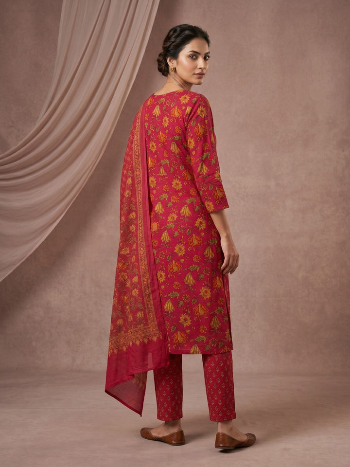 Red Embroidered Cotton Blend Straight Round Neck Suit Set