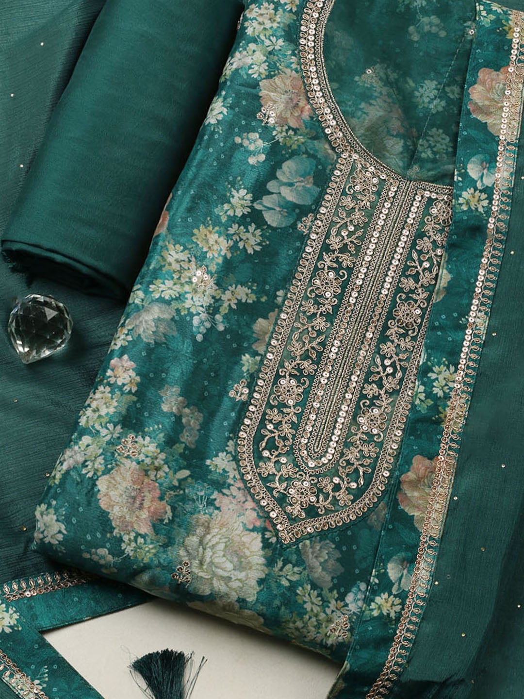 Printed Chinon Unstitched Suit With Pant &amp; Dupatta