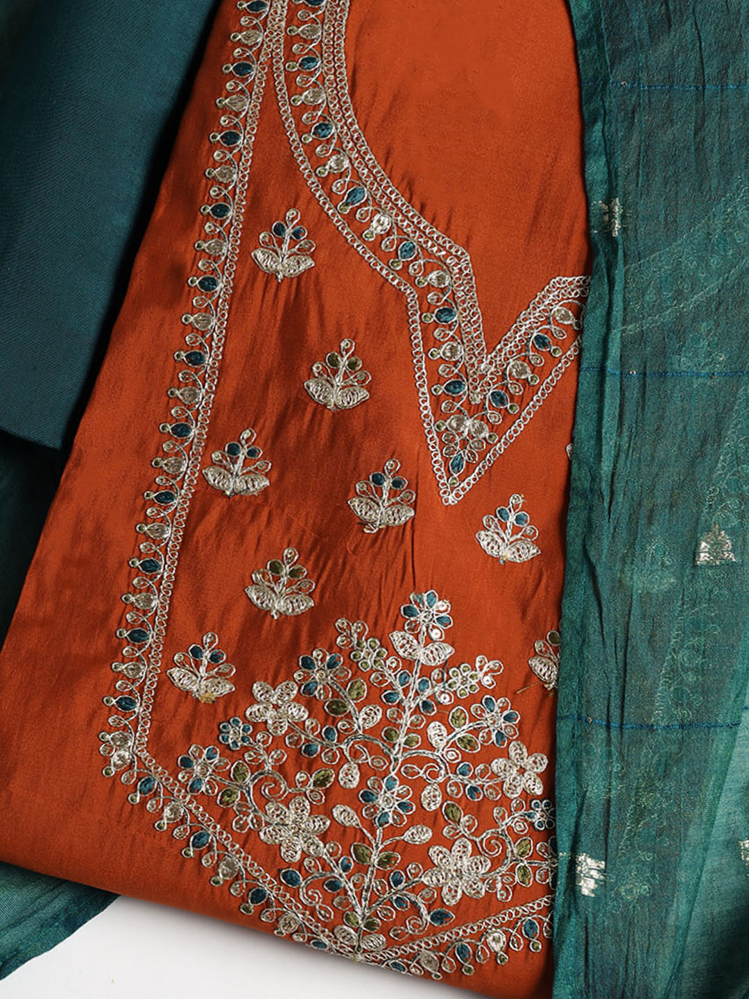 Neck Embroidered Chanderi Unstitched Suit With Dupatta