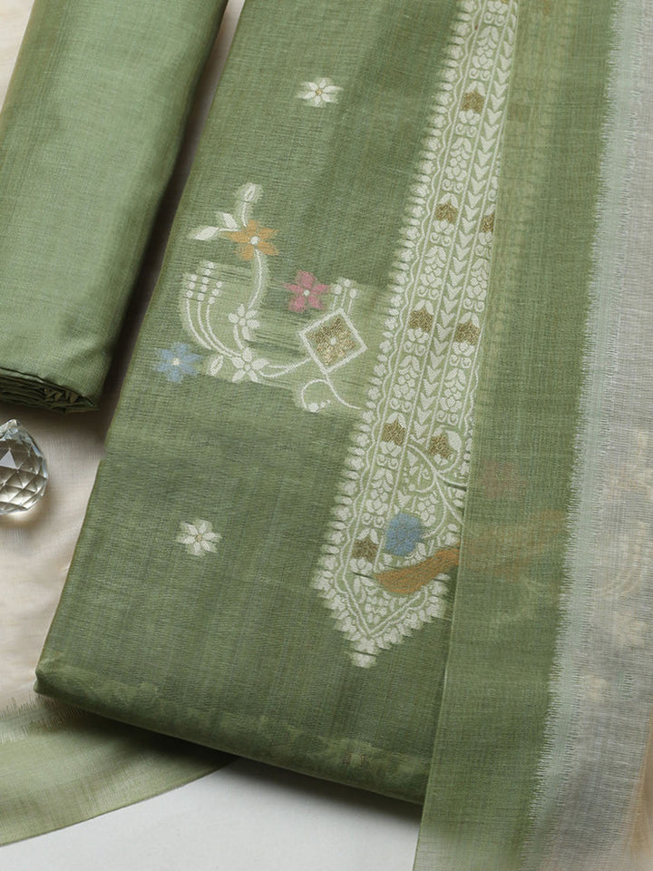 Printed Chanderi Unstitched Suit With Pant &amp; Dupatta